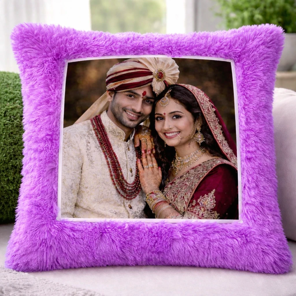 personalized photo cushion purple color with couple image