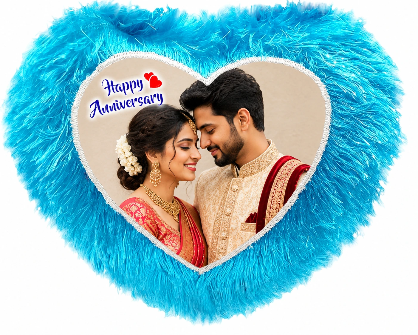 blue personalized heart cushion with photo for anniversary gift