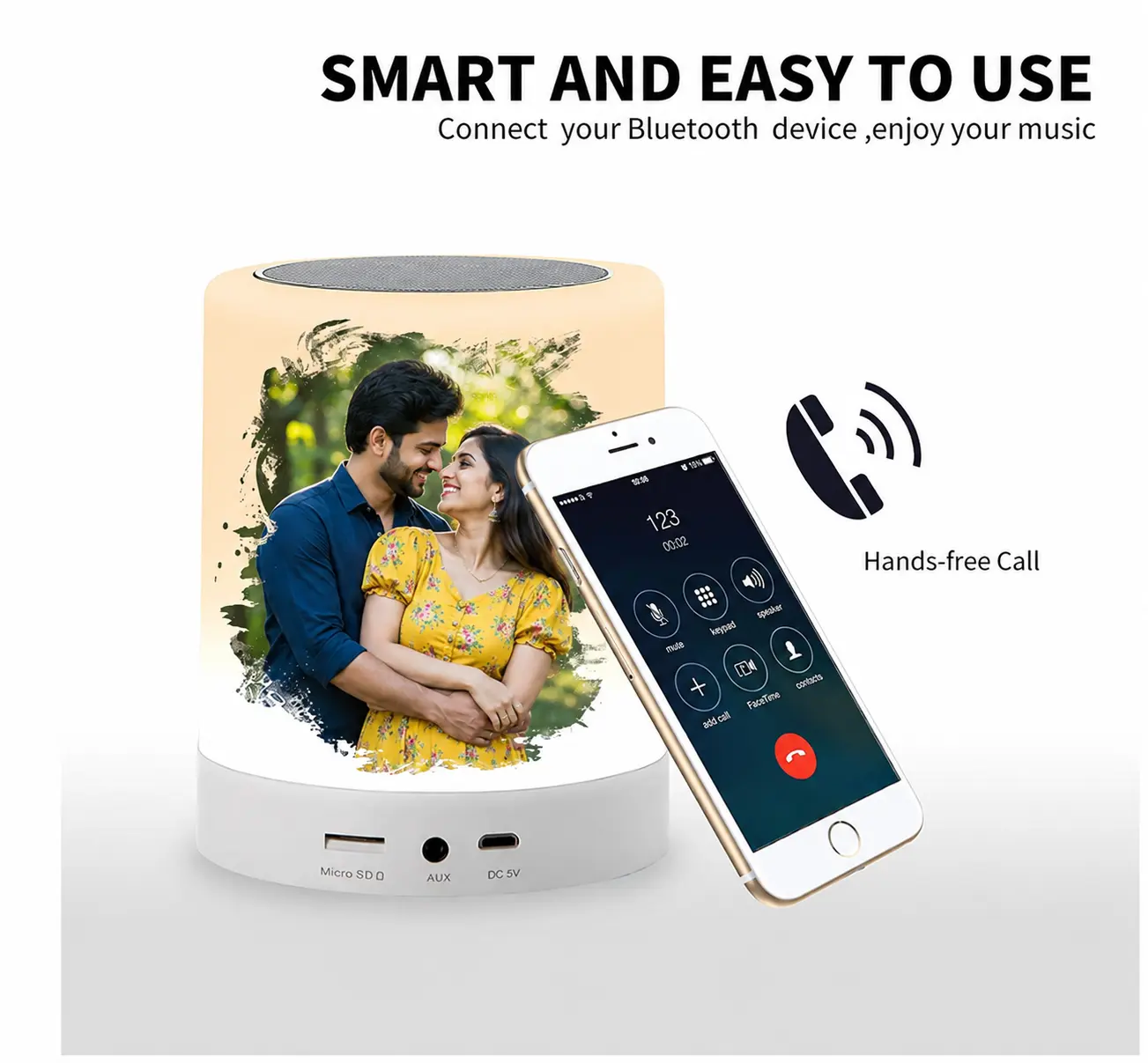 Personalized Bluetooth Speaker with Photo Customization and Mobile Connectivity