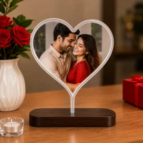 Custom Heart LED Photo Lamp with personalized acrylic photo insert and wooden base.