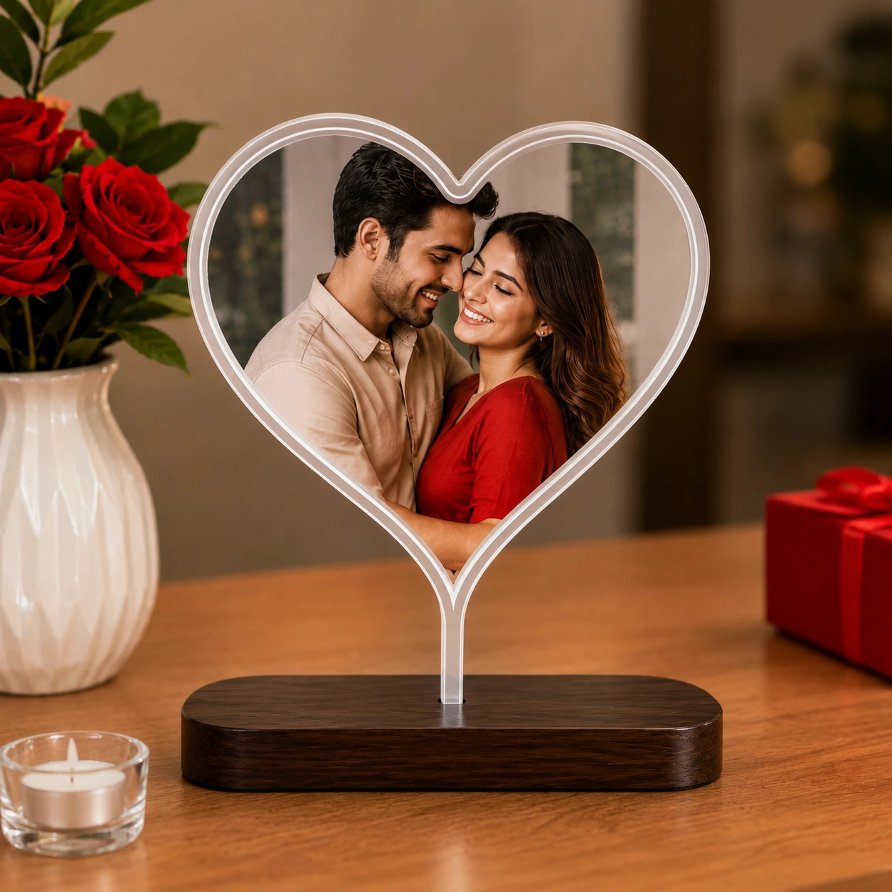 Custom Heart LED Photo Lamp with personalized acrylic photo insert and wooden base.