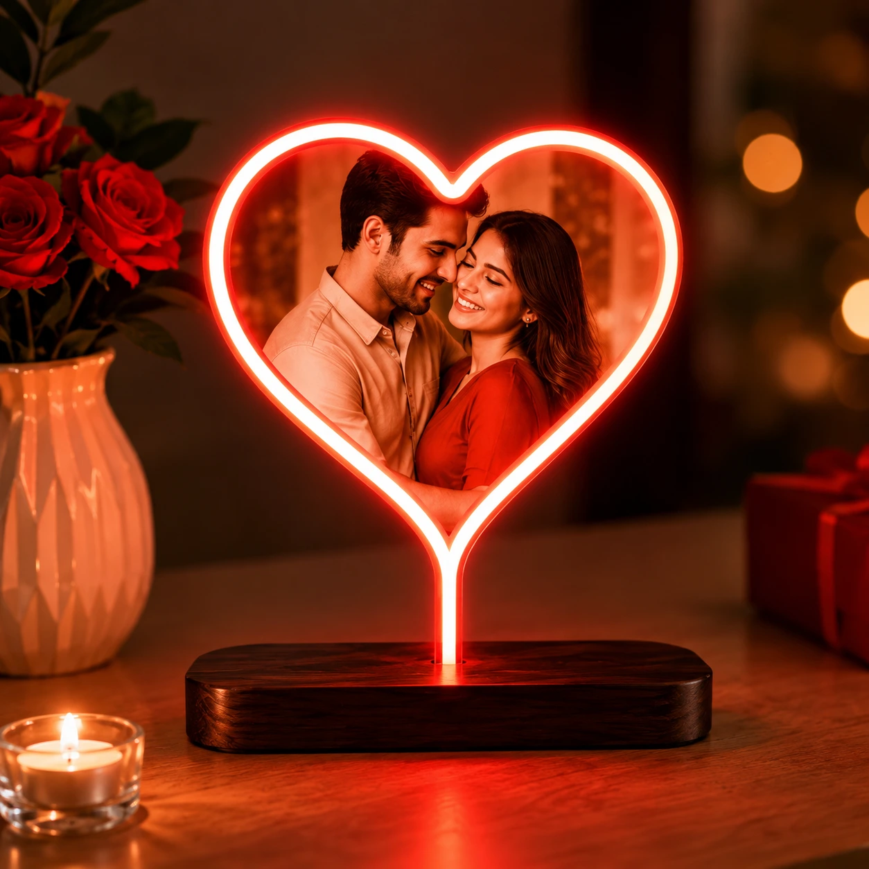 Custom Heart LED Photo Lamp glowing with a personalized couple photo on a wooden base.