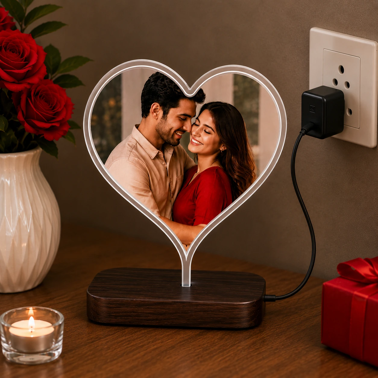 Custom Heart LED Photo Lamp connected to a black power adapter on a wooden table.