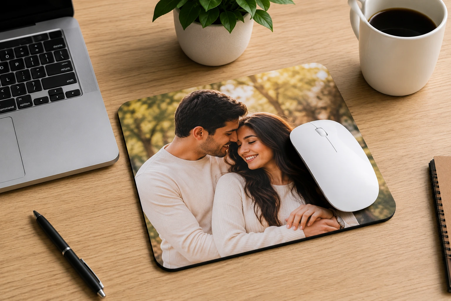 Custom Mouse Pad with Photo on office desk beside laptop and wireless mouse