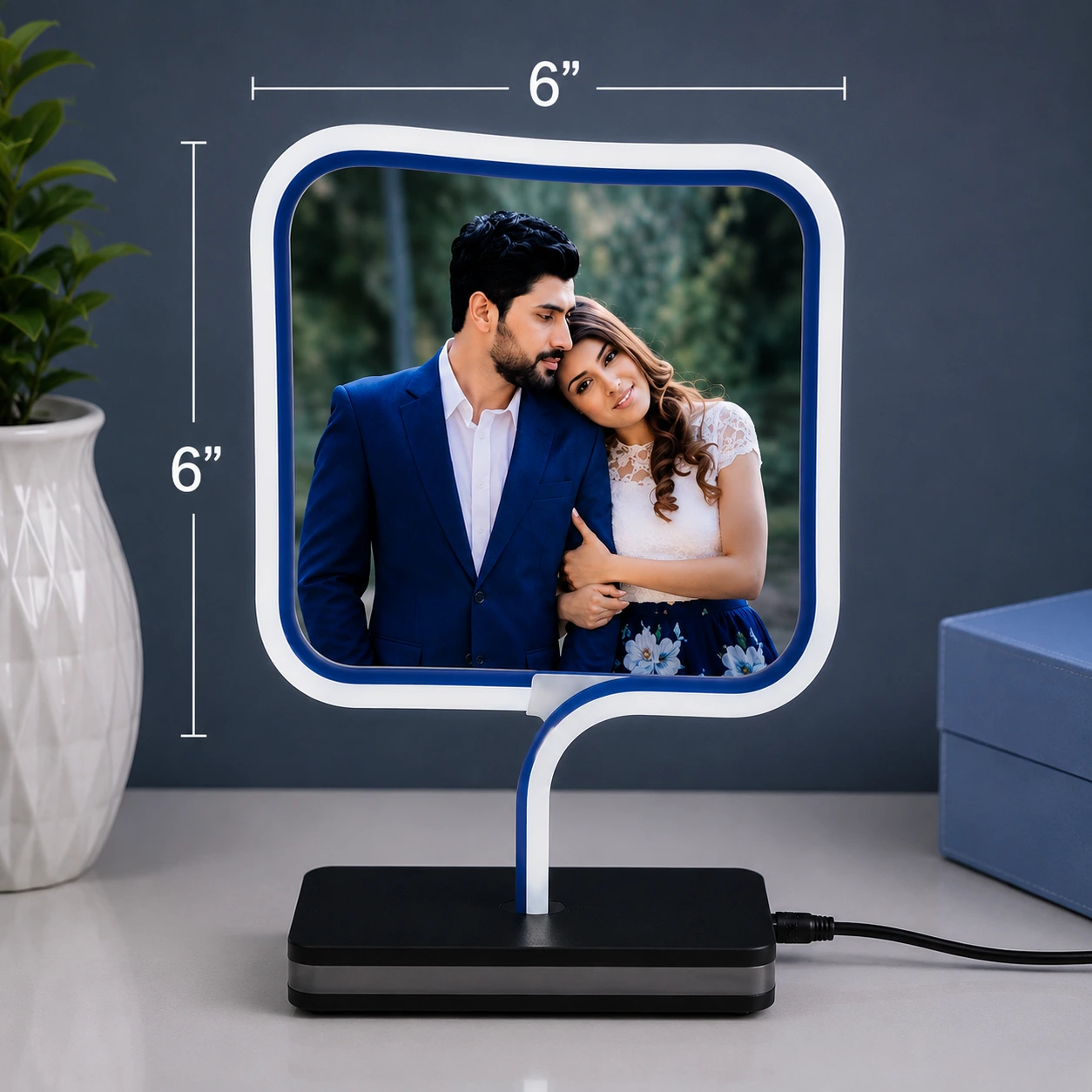 Custom Square LED Photo Lamp with personalized photo showing 6 × 6 inch dimensions.